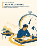 Las secciones cronometradas se envían automáticamente y el audio se reproduce una sola vez durante el examen simulado