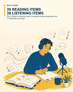 El examen simulado 01 incluye 39 ítems de Reading, 39 ítems de Listening, Writing y Speaking
