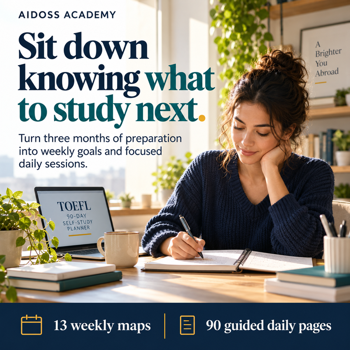 Turn three months of TOEFL preparation into weekly goals and daily sessions. Illustrative study scene.