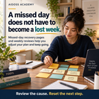 Missed-day recovery pages help reset the next study step. Illustrative study scene.