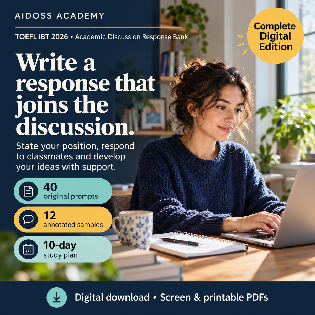 Develop a discussion response with 40 prompts, 12 annotated samples and a 10-day plan. Illustrative study scene.