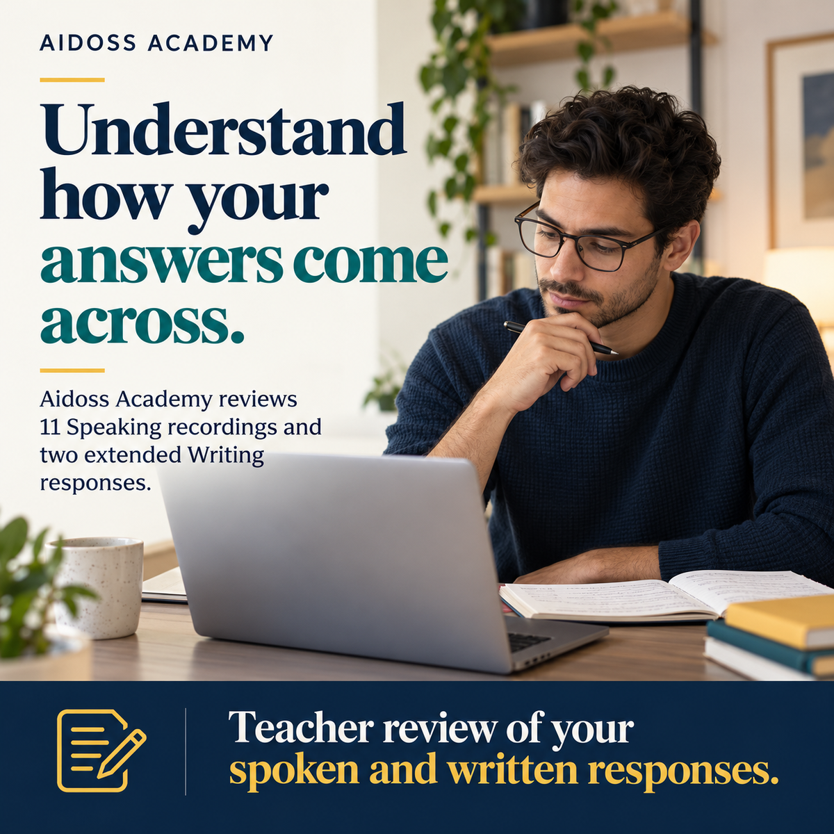 Aidoss Academy teacher review of Speaking recordings and extended Writing responses. Illustrative study scene.
