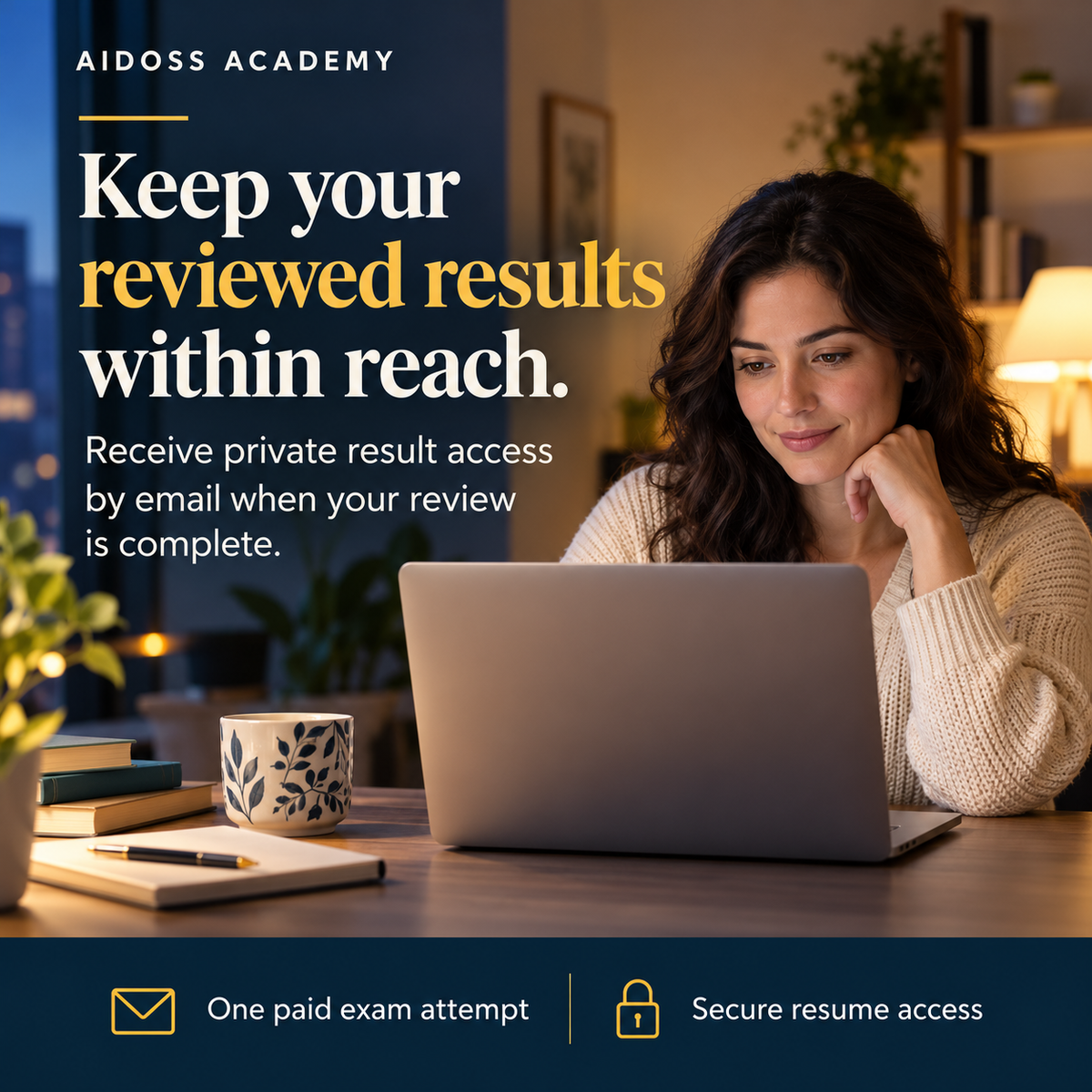 Receive private result access by email after review is complete. Illustrative study scene.