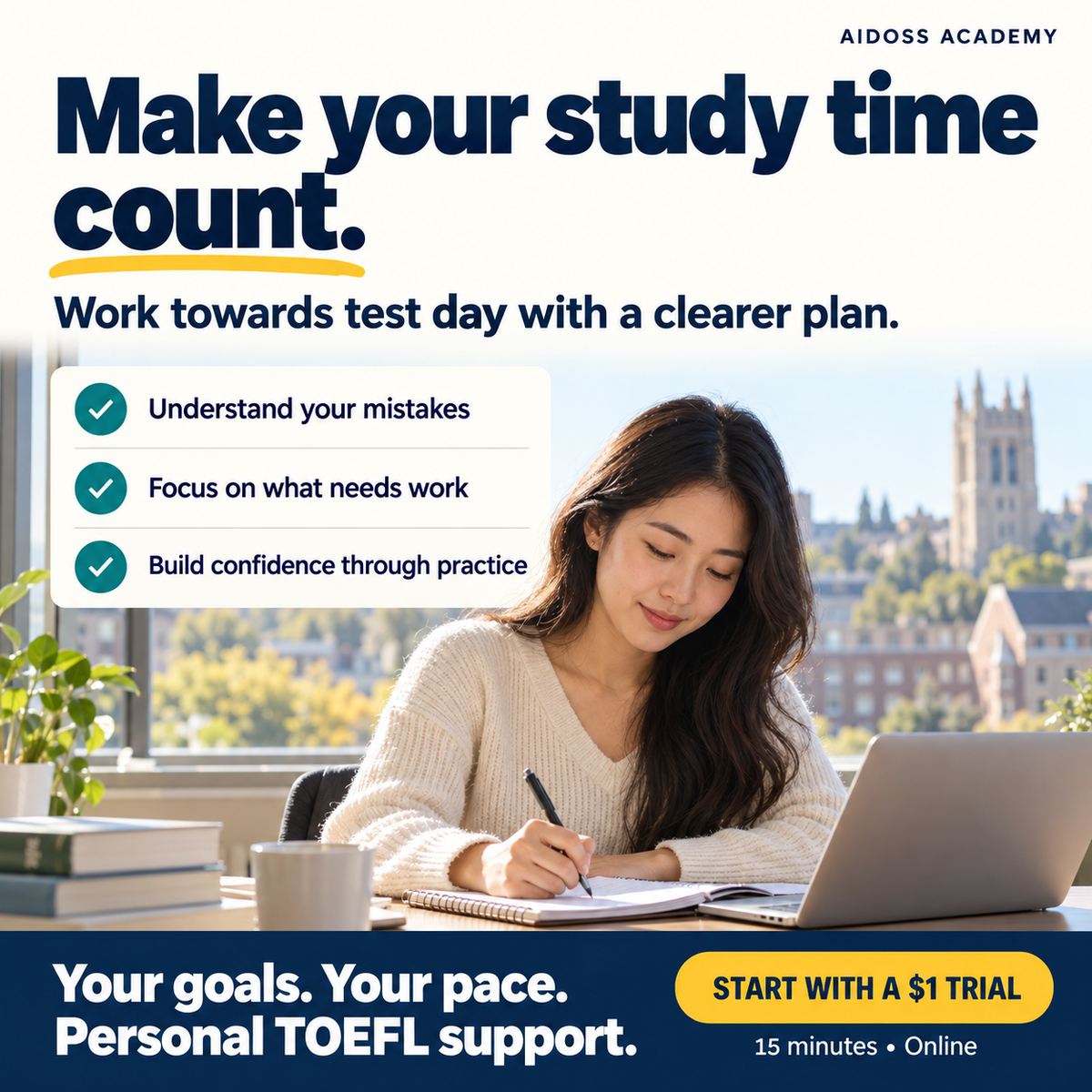 Make your study time count: understand your mistakes, focus on what needs work and build confidence through practice. Personal TOEFL support, $1 trial for 15 minutes. Illustrative scene.