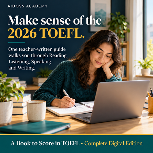 Understand all four 2026 TOEFL sections with a teacher-written guide. Illustrative study scene.