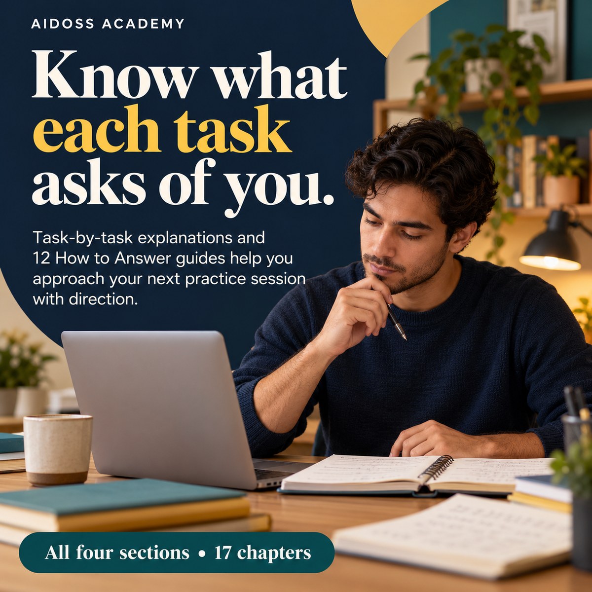 Approach each task with explanations and answer guides. Illustrative study scene.