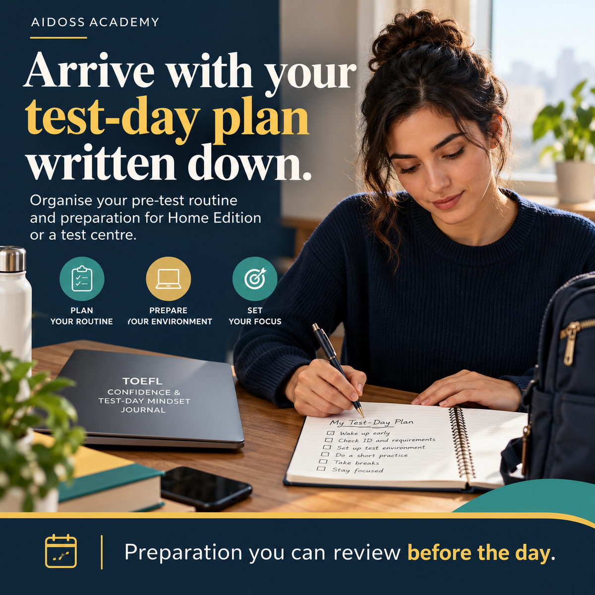 Write down your test-day preparation plan. Illustrative study scene.