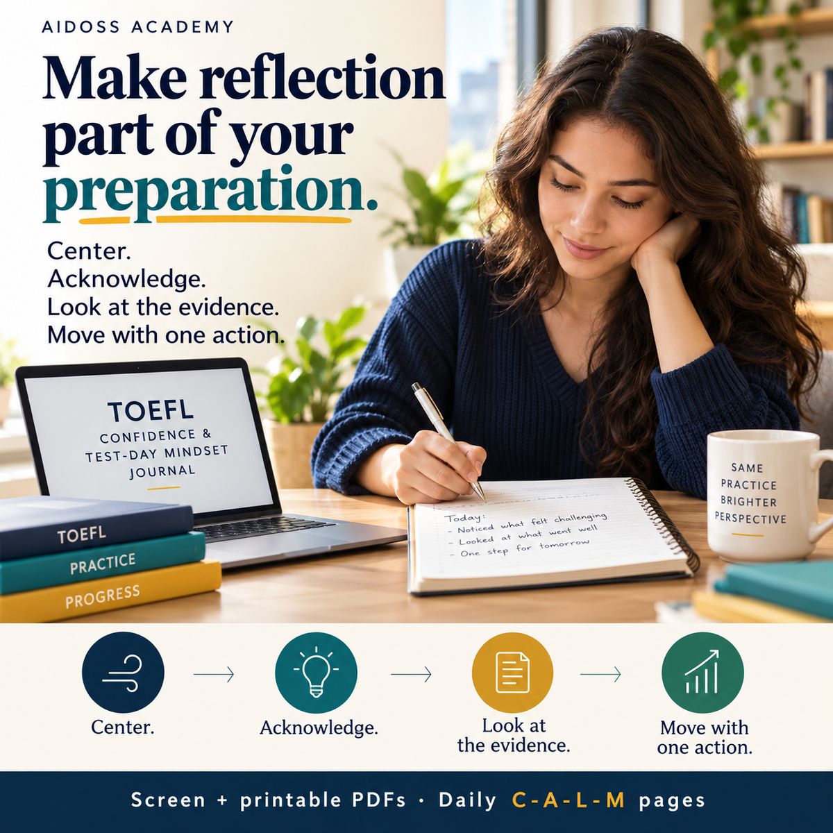 Use daily reflection to choose the next preparation action. Illustrative study scene.
