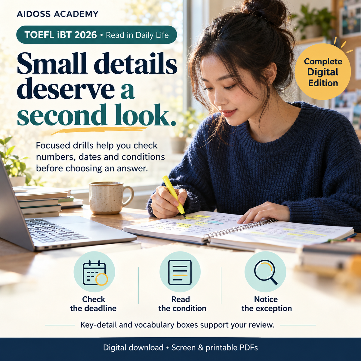 Check deadlines, conditions and exceptions with focused reading drills. Illustrative study scene.