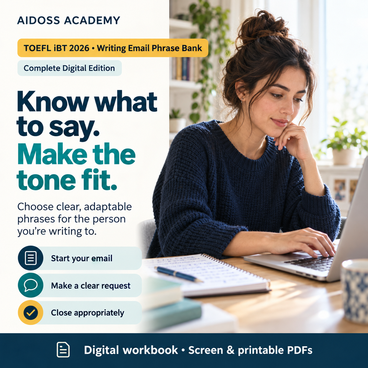 Complete Digital Edition: Choose adaptable phrases to start an email, make a clear request and close appropriately. Illustrative study scene.