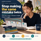 Use an error log to identify causes and plan repairs across four TOEFL skills. Illustrative study scene.