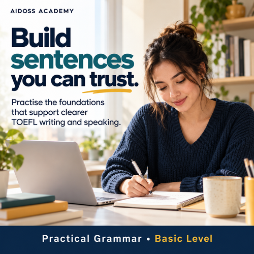Build sentence foundations for TOEFL writing and speaking. Illustrative study scene.