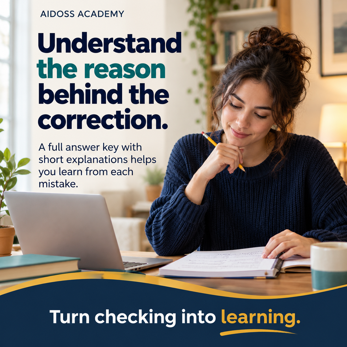 Learn the reason behind each correction. Illustrative study scene.