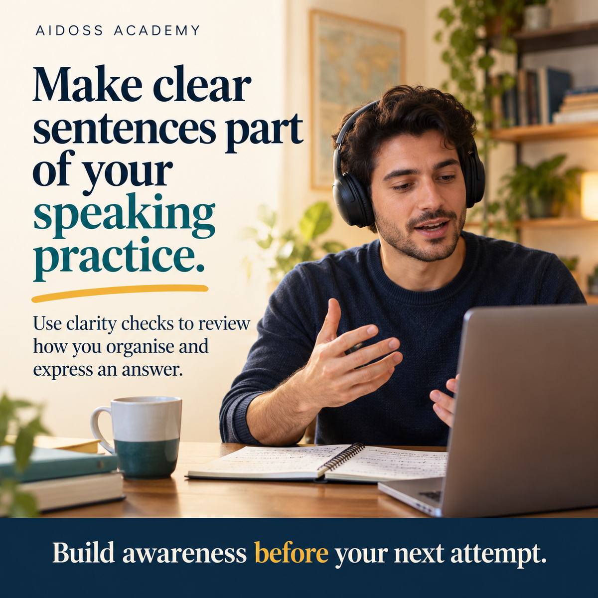 Review clarity during speaking practice. Illustrative study scene.