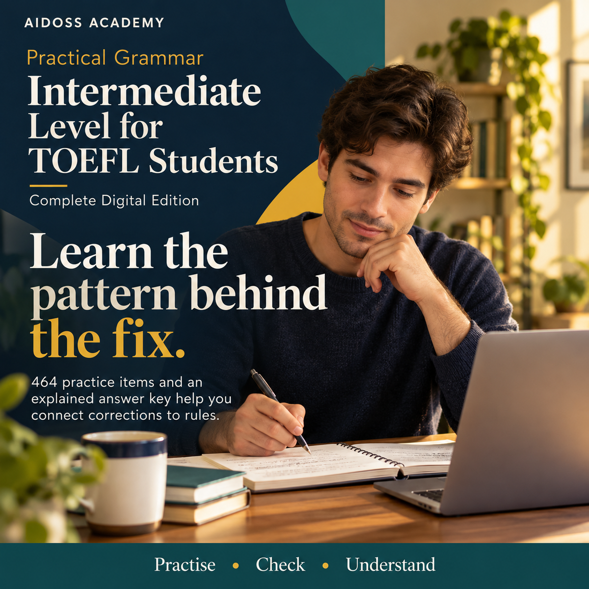 Learn grammar patterns with 464 items and explained answers. Illustrative study scene.