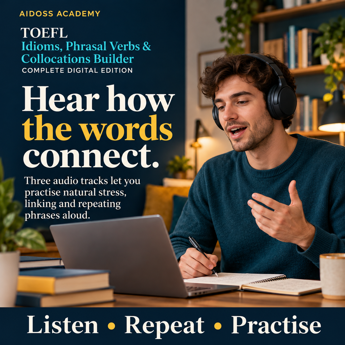 Practise stress and linking with three audio tracks. Illustrative study scene.
