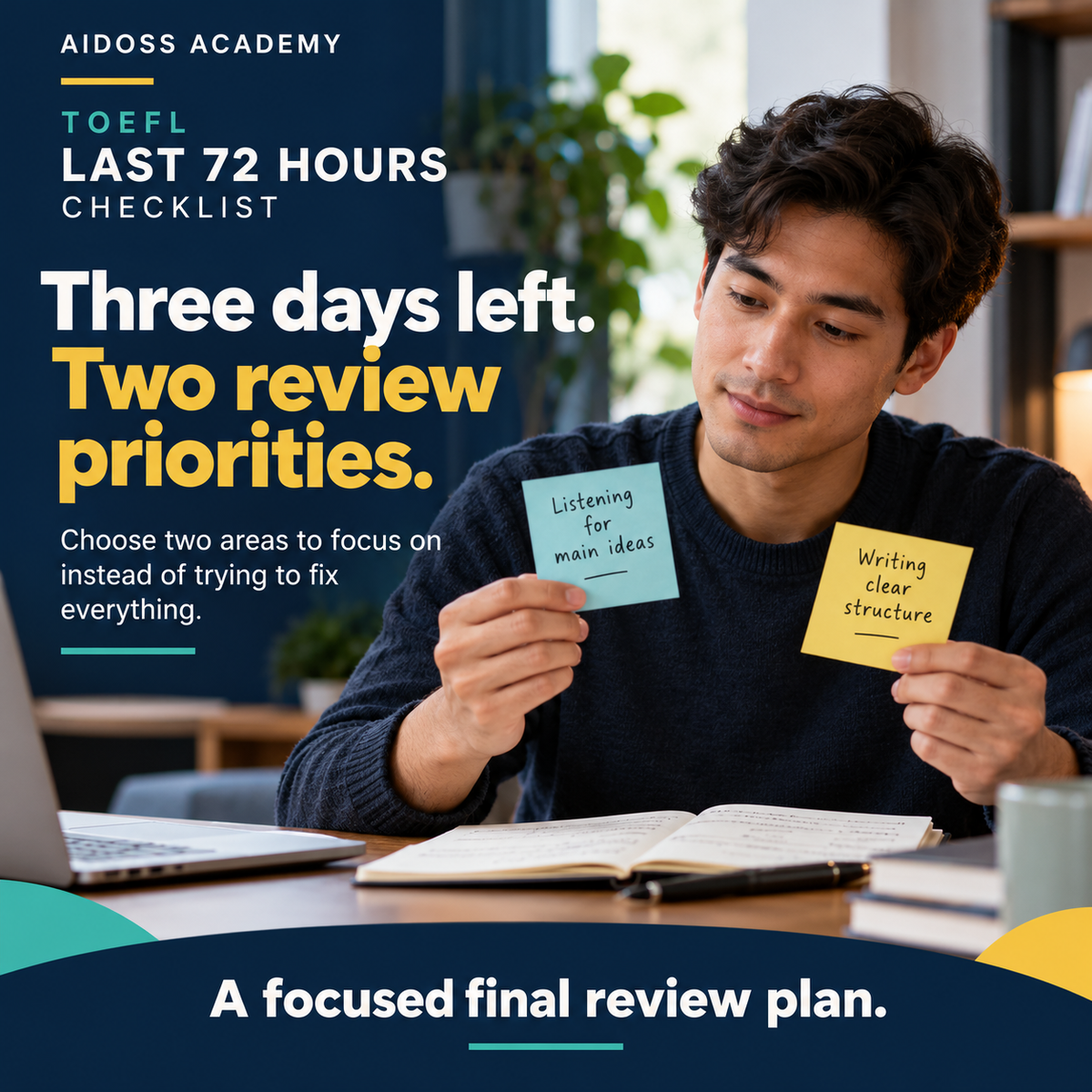 Choose two focused review priorities in the last three days. Illustrative study scene.