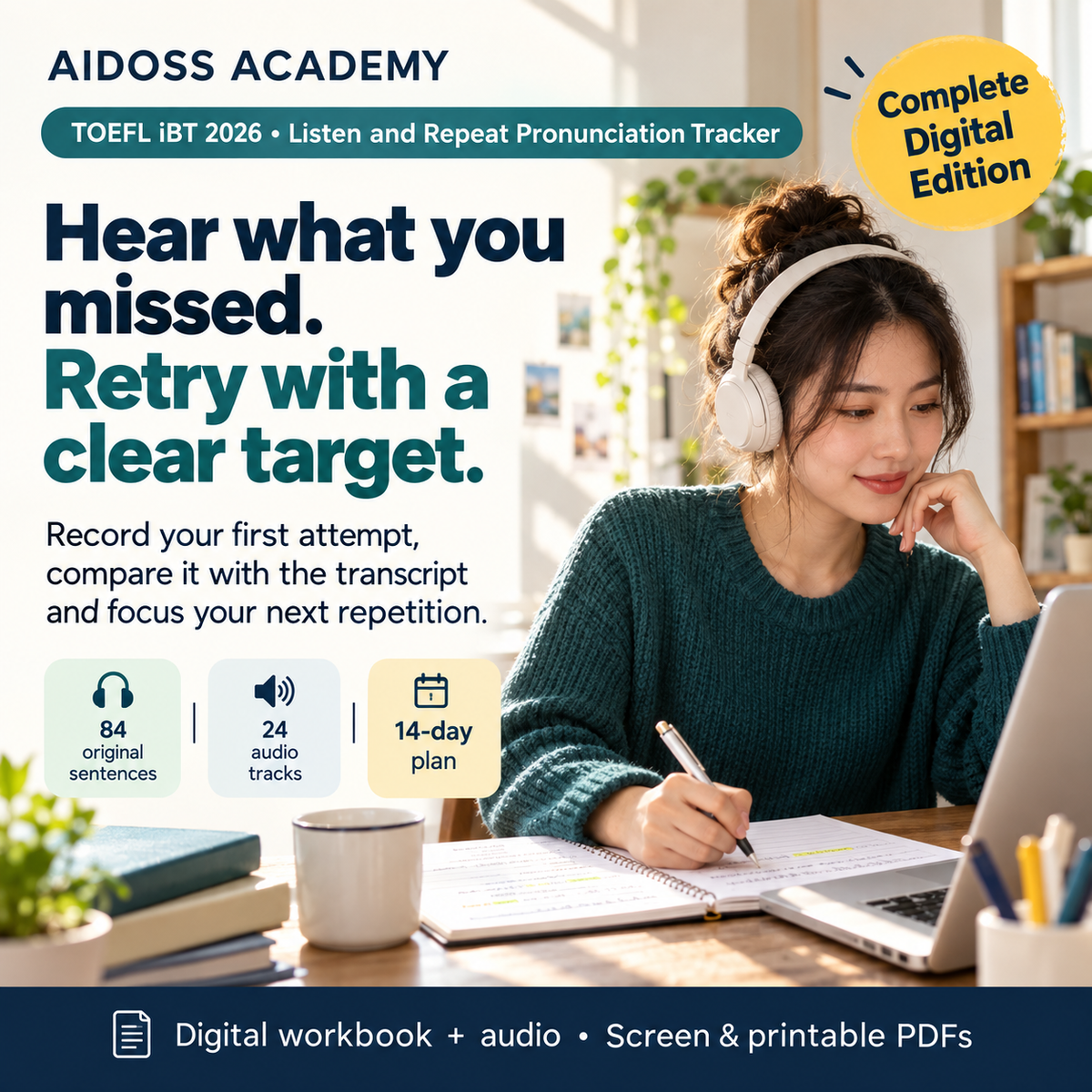 Hear what you missed and retry with a clear target using the Listen and Repeat Pronunciation Tracker. Illustrative study scene.