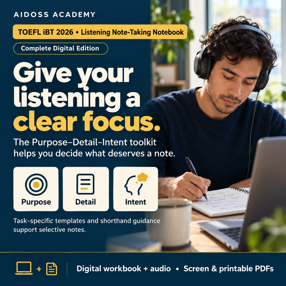 Complete Digital Edition: Purpose, Detail and Intent guide selective listening notes. Illustrative study scene.