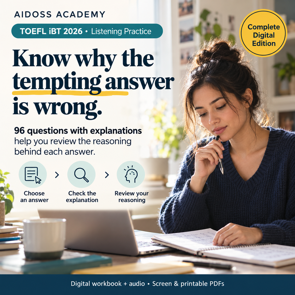 Review why tempting answers are wrong with 96 questions and answer explanations. Illustrative study scene.