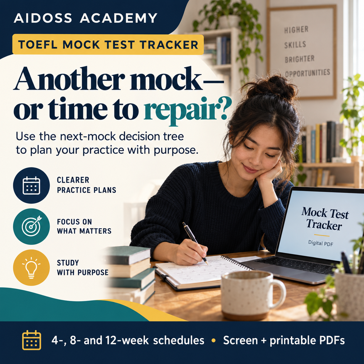 Plan when to repair skills and when to take another mock. Illustrative study scene.