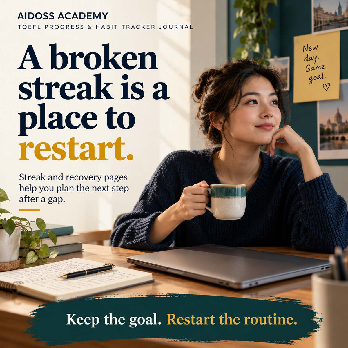 Recovery pages help restart after a broken study streak. Illustrative study scene.