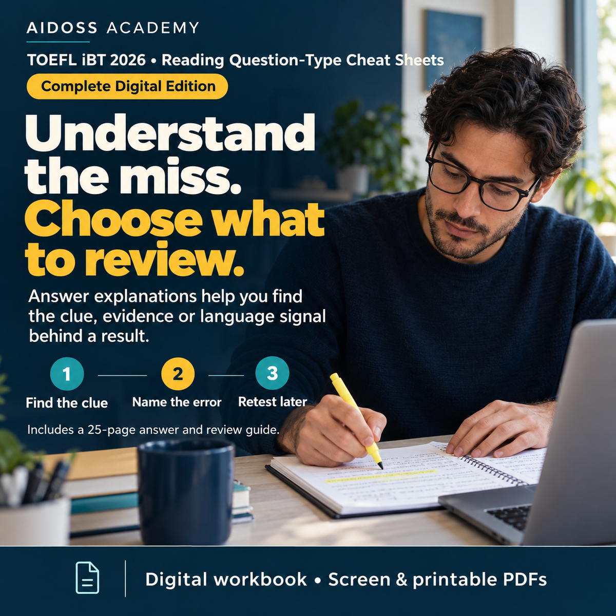Complete Digital Edition: Answer explanations and a 25-page review guide help identify clues and causes of mistakes. Illustrative study scene.