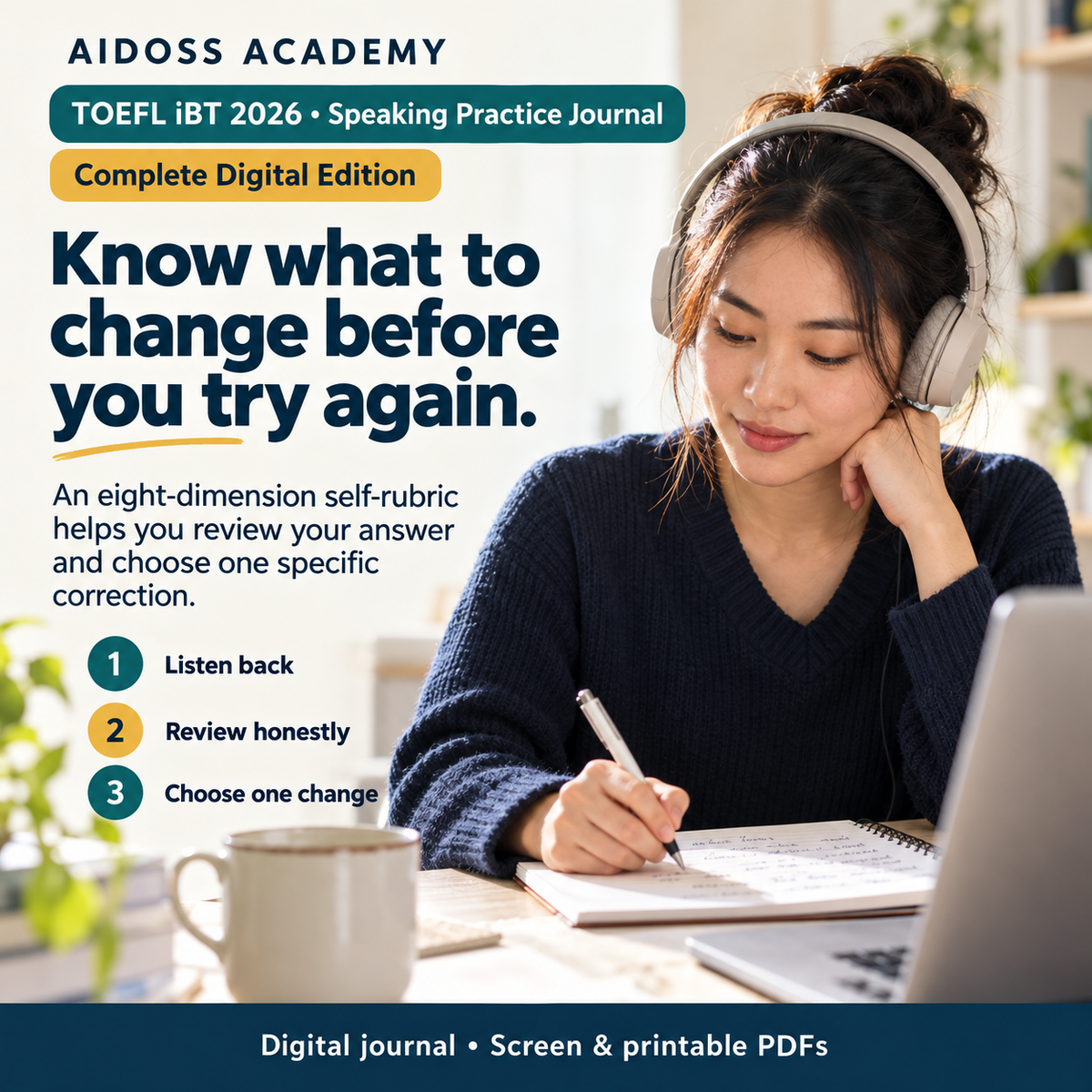 Complete Digital Edition: Review your answer with an eight-dimension self-rubric and choose a specific correction. Illustrative study scene.