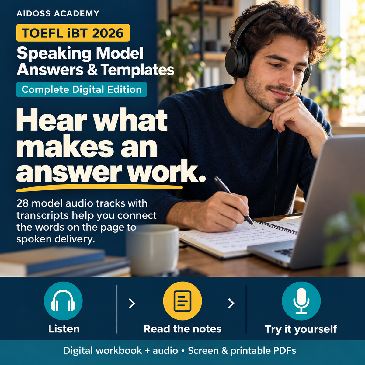 Complete Digital Edition: 28 model audio tracks with transcripts connect written examples to spoken delivery. Illustrative study scene.