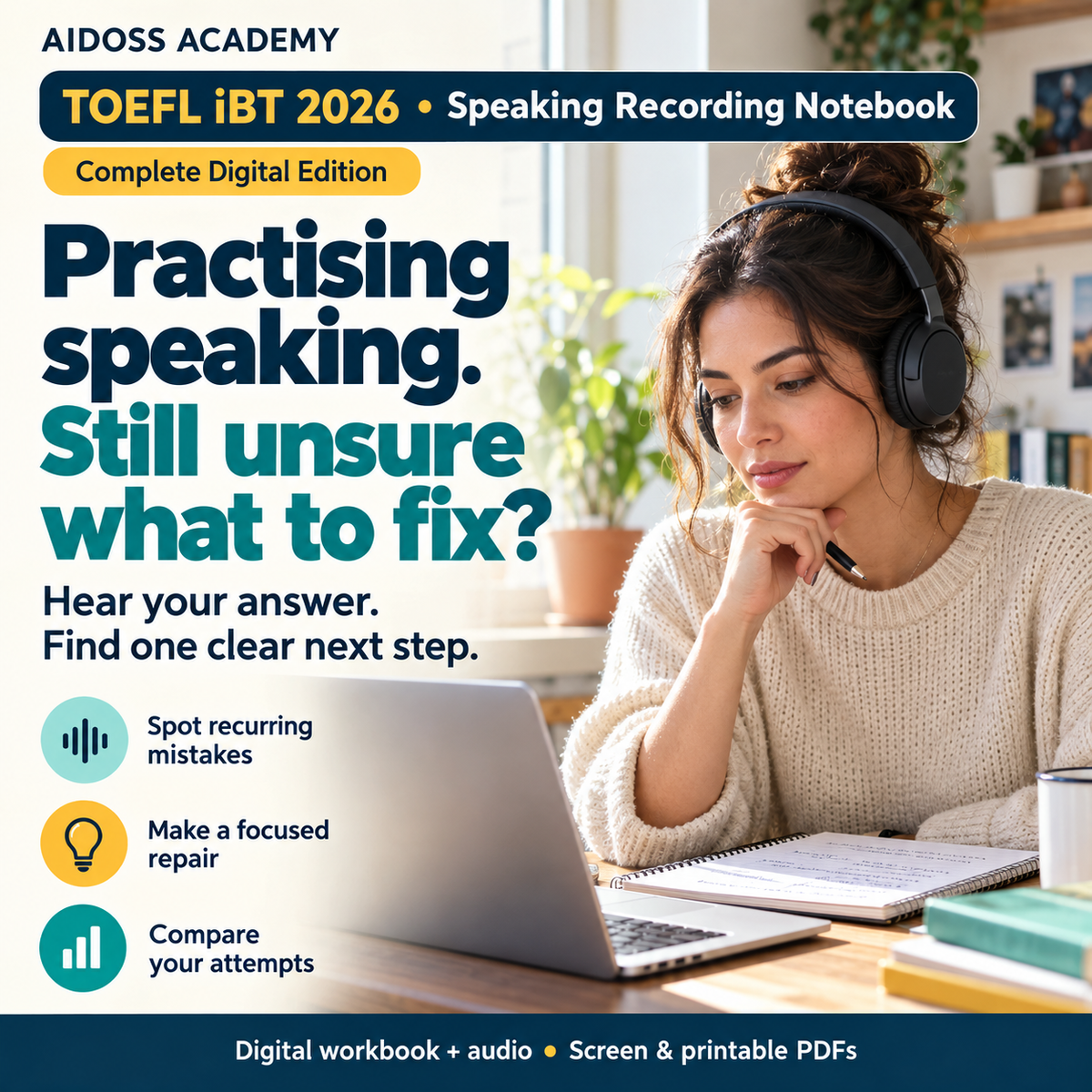 Identify what to fix in your speaking with recordings and focused self-review. Illustrative study scene.