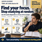 Use the Starter Kit diagnostic to consider your exam date, target score, weakest skill and first action. Illustrative study scene.