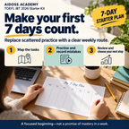Make the first seven days purposeful: map tasks, practise and record mistakes, review and choose next steps. Illustrative study scene.