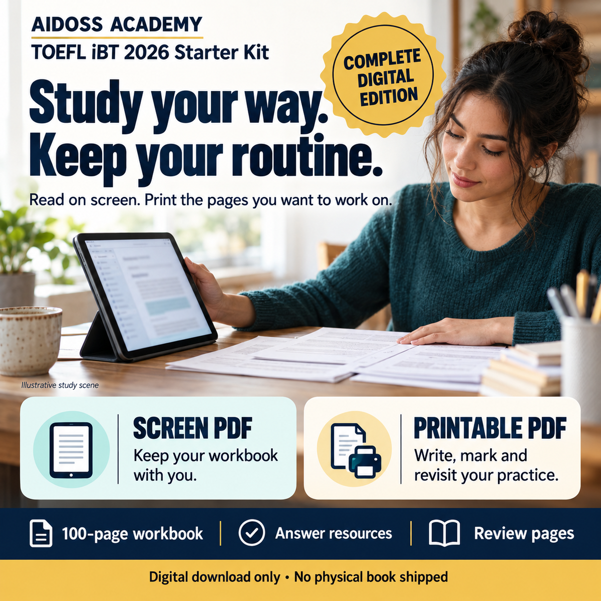 Complete Digital Edition includes a 100-page workbook in screen and printable formats, answer resources and review pages. Digital download only. Illustrative scene.