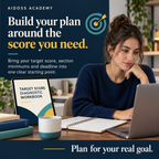 Plan around target scores, section minimums and deadlines. Illustrative study scene.