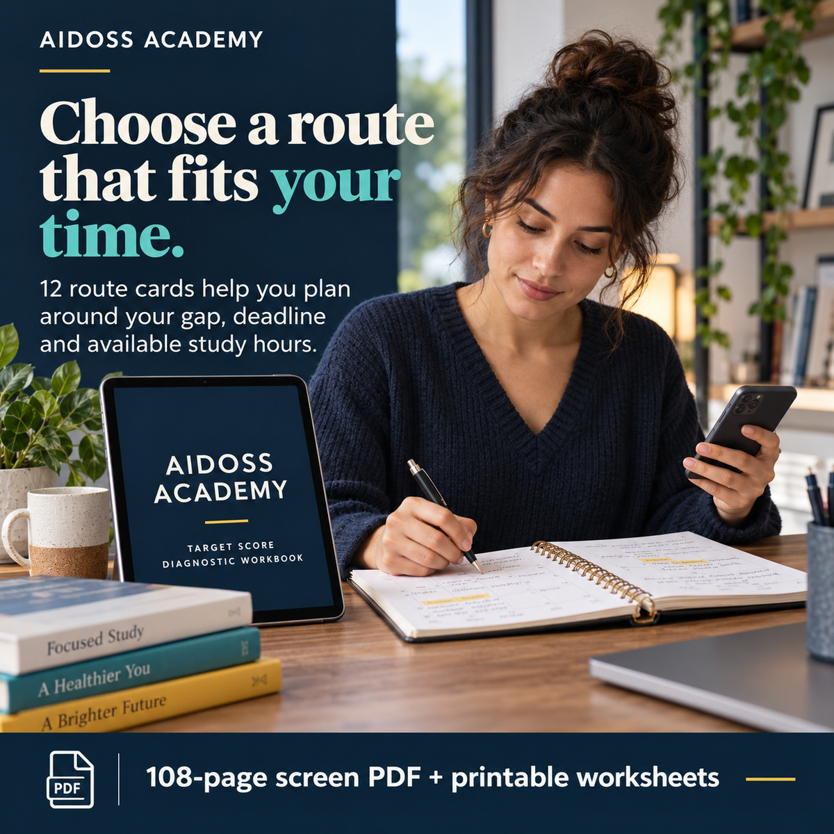 12 route cards help plan around available time and skill gaps. Illustrative study scene.