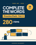 غلاف حزمة تدريب Complete the Words لاختبار TOEFL iBT 2026، المجلد 2، من Aidoss Academy