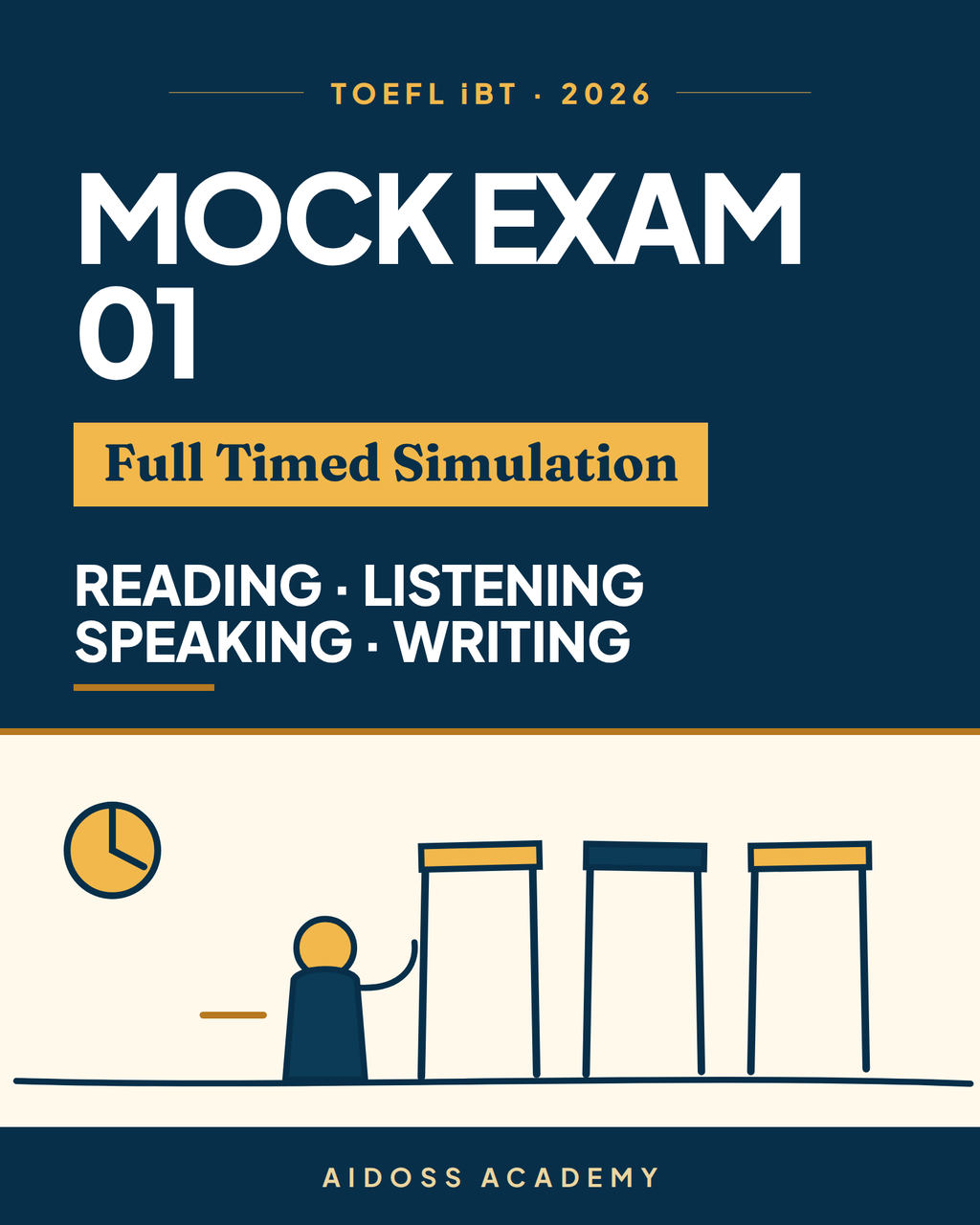 TOEFL iBT 2026: examen simulado completo cronometrado 01, portada de Aidoss Academy