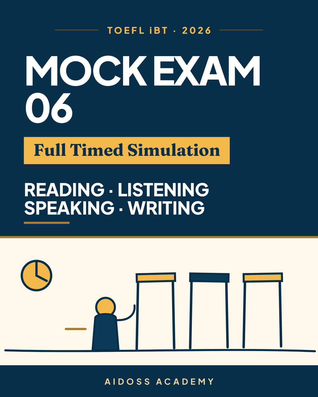 TOEFL iBT 2026: examen simulado completo cronometrado 06, portada de Aidoss Academy