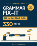 TOEFL iBT 2026: cuaderno de corrección gramatical y ejercicios de completar huecos, portada de Aidoss Academy