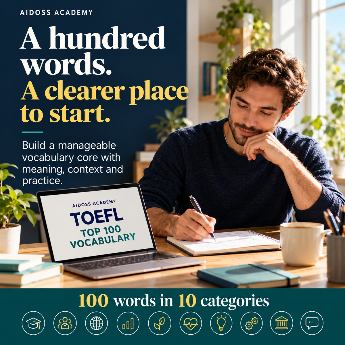 Start with 100 vocabulary words in 10 categories. Illustrative study scene.