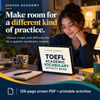 Topic and difficulty choices for varied vocabulary practice. Illustrative study scene.
