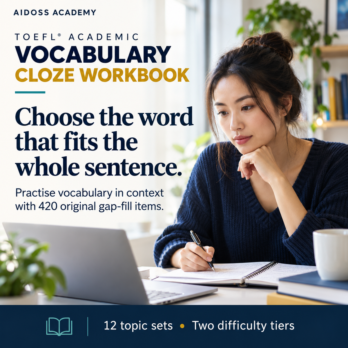 Practise vocabulary in context with 420 gap-fill items. Illustrative study scene.