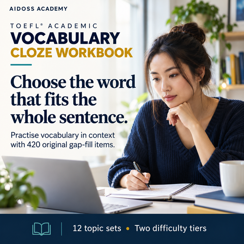 Practise vocabulary in context with 420 gap-fill items. Illustrative study scene.