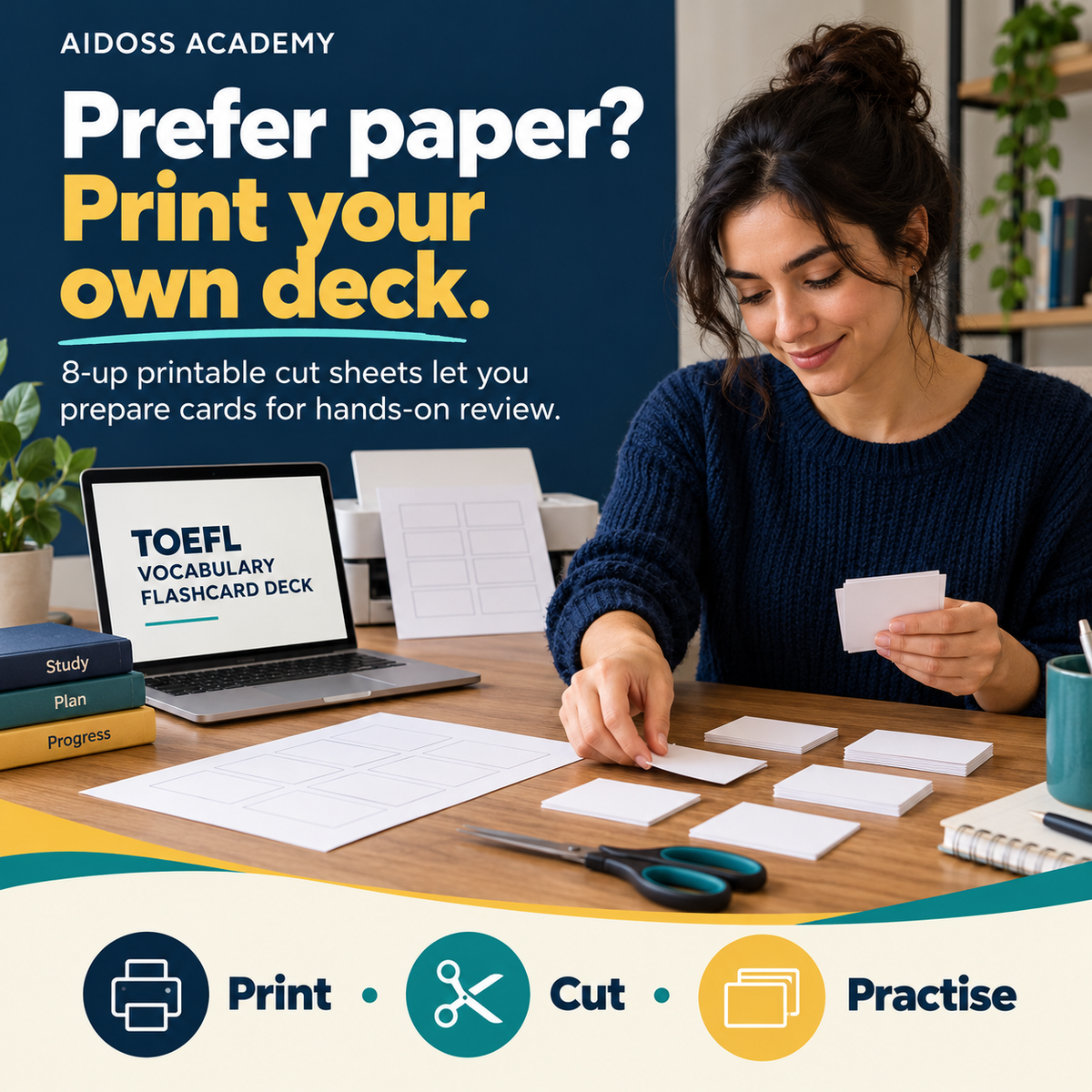 Print and cut your own flashcard deck. Illustrative study scene.
