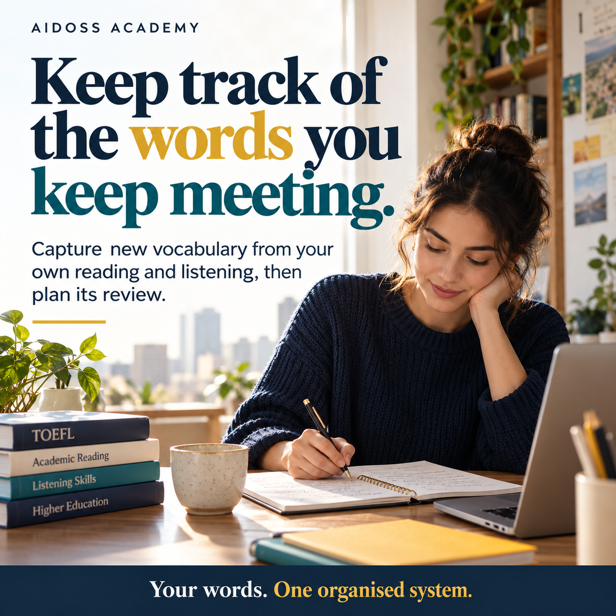Capture vocabulary from your own reading and listening. Illustrative study scene.