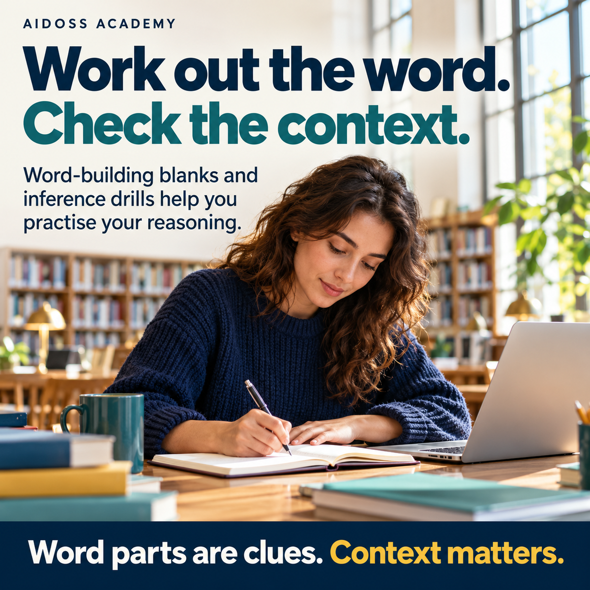 Check word-part reasoning against context. Illustrative study scene.