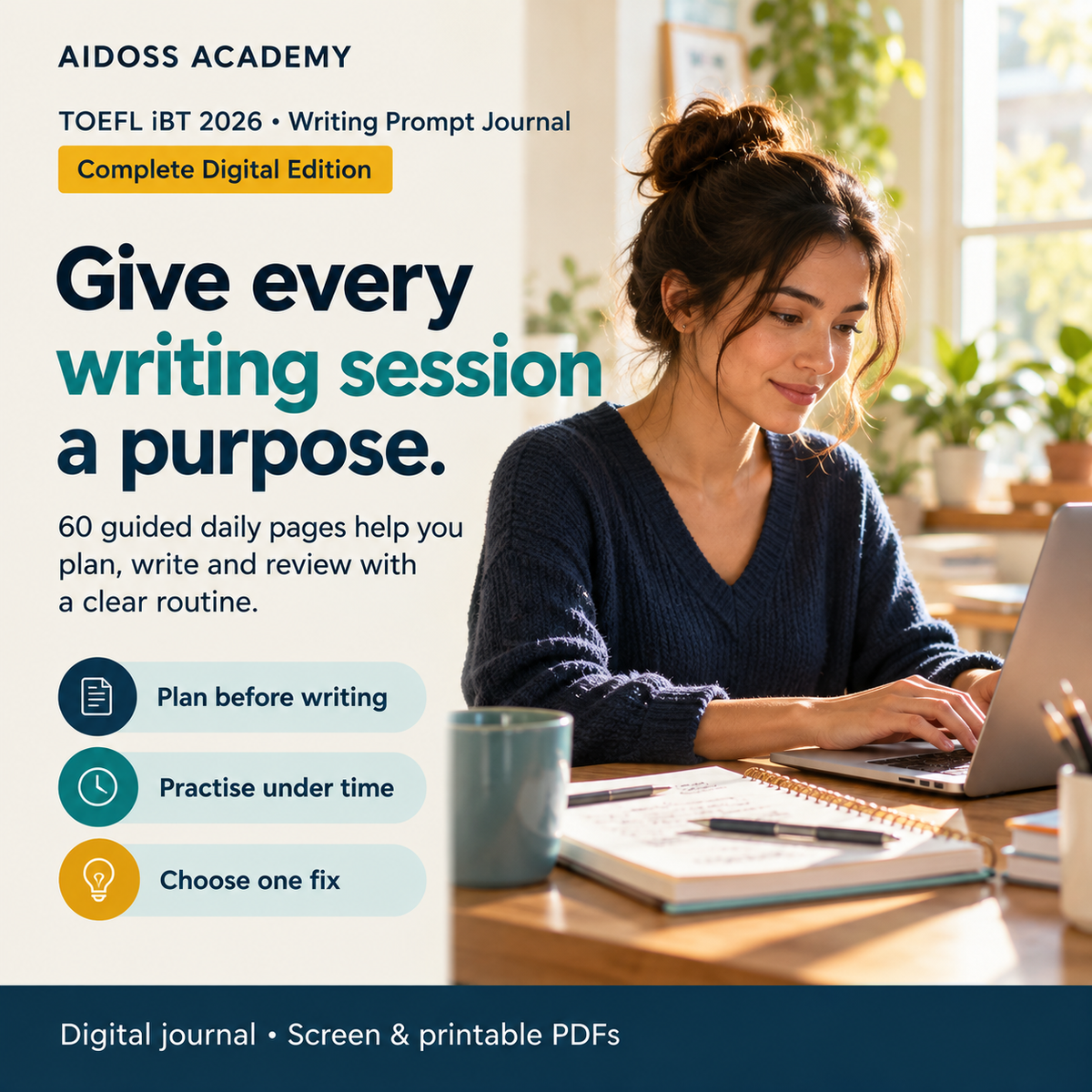 Complete Digital Edition: 60 guided daily pages support planning, timed writing and focused review. Illustrative study scene.