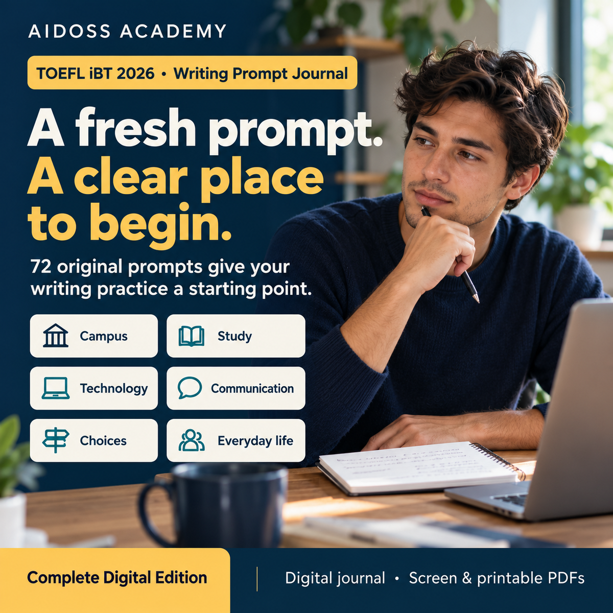 Complete Digital Edition: 72 original prompts across six themes provide starting points for writing practice. Illustrative study scene.